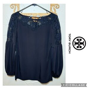🦋Tory Burch Black Silk Blouse Lace Shoulders & Neck with Balloon Sleeves🦋